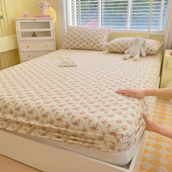 91家纺网 家纺一手货源 找家纺 （总）欧妮家纺 2025新款全棉老粗布单床笠床垫套夏季凉席枕套三件套-花卉系列