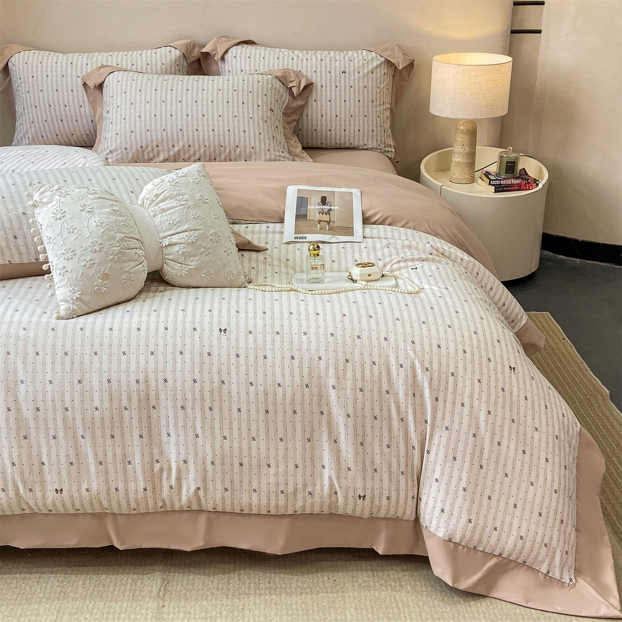 慕木家纺 2026新款A类印花拼角工艺慕斯棉四件套系列（抽空压缩可供跨境）提供买家秀 波点序章+驼