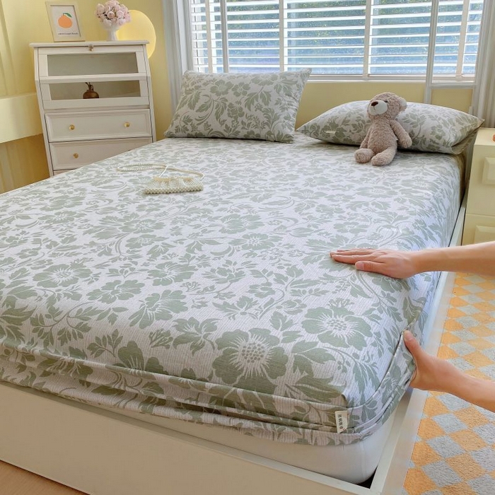 91家纺网 家纺一手货源 找家纺 （总）欧妮家纺 2025新款全棉老粗布单床笠床垫套夏季凉席枕套三件套-花卉系列