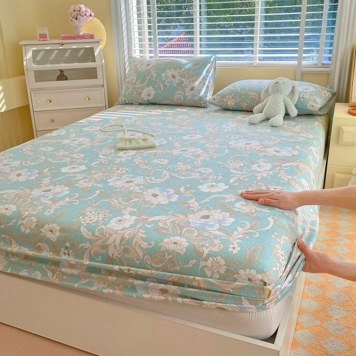 91家纺网 家纺一手货源 找家纺 （总）欧妮家纺 2025新款全棉老粗布单床笠床垫套夏季凉席枕套三件套-花卉系列