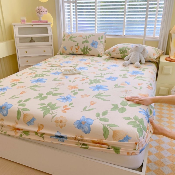 91家纺网 家纺一手货源 找家纺 （总）欧妮家纺 2025新款全棉老粗布单床笠床垫套夏季凉席枕套三件套-花卉系列