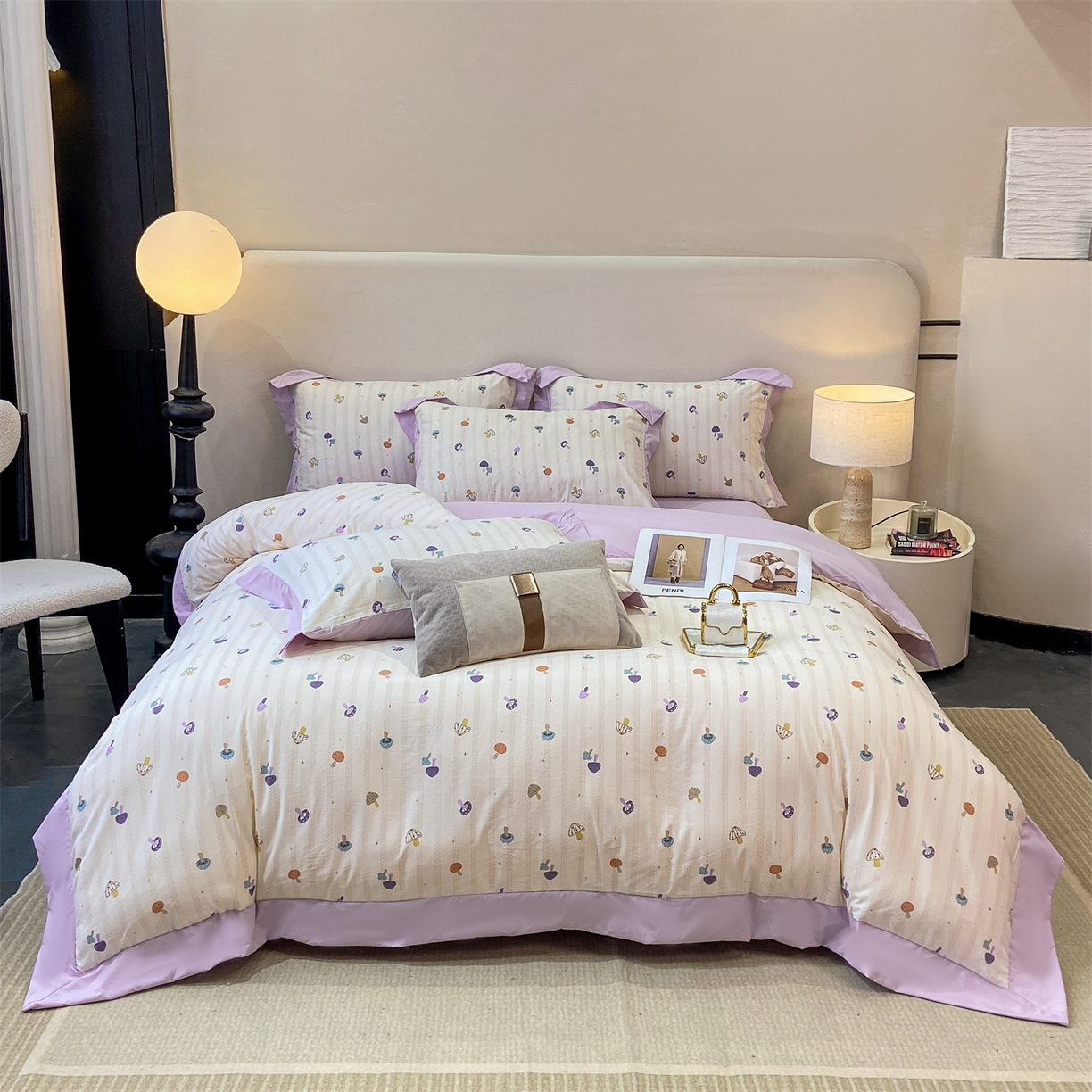 91家纺网 家纺一手货源 找家纺 慕木家纺 2026新款A类印花拼角工艺慕斯棉四件套系列（抽空压缩可供跨境）提供买家秀 云菇森林+浅紫