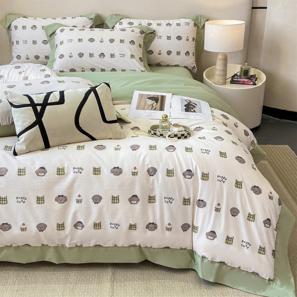 慕木家纺 2026新款A类印花拼角工艺慕斯棉四件套系列（抽空压缩可供跨境）提供买家秀 蛋糕熊+绿