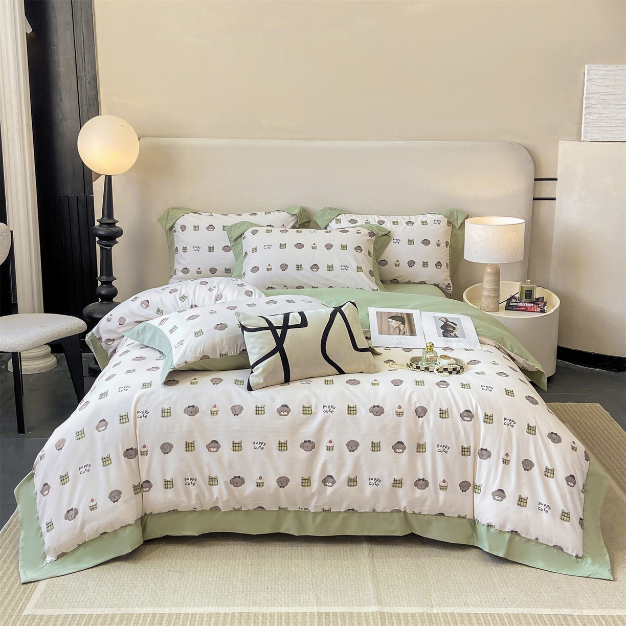 91家纺网 家纺一手货源 找家纺 慕木家纺 2026新款A类印花拼角工艺慕斯棉四件套系列（抽空压缩可供跨境）提供买家秀 蛋糕熊+绿