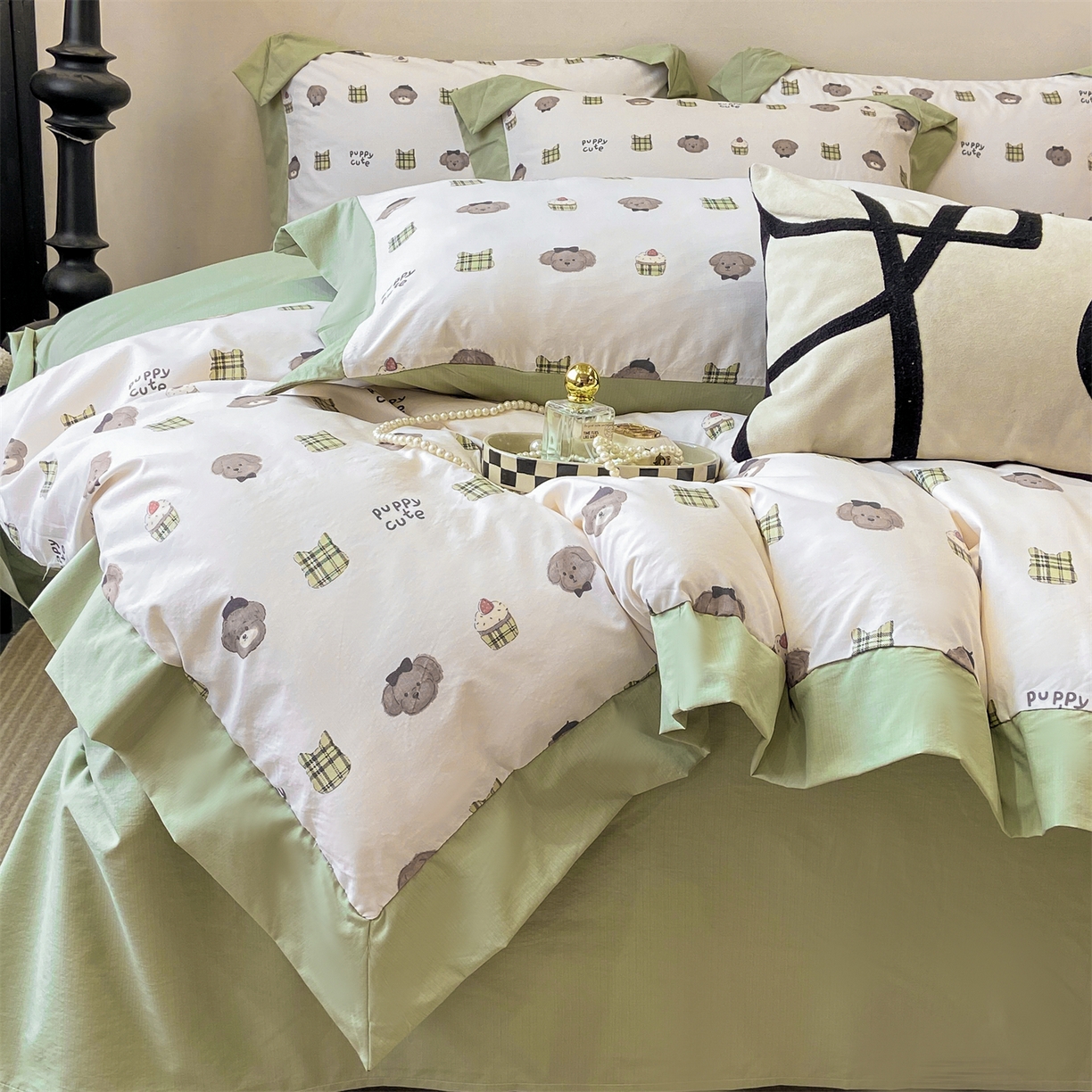 91家纺网 家纺一手货源 找家纺 慕木家纺 2026新款A类印花拼角工艺慕斯棉四件套系列（抽空压缩可供跨境）提供买家秀 蛋糕熊+绿