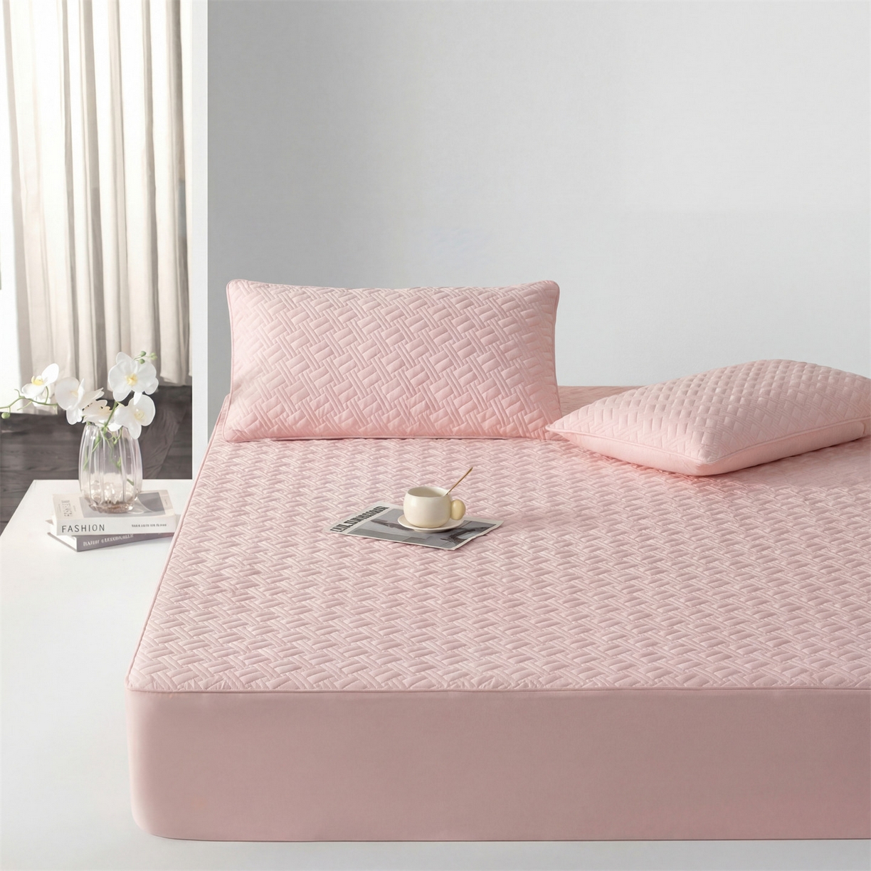 雯豆家纺 2026新款10A抗菌氨纶凉感丝夏季冰皮床笠三件套简约纯色床垫保护套-风格一 时光氨纶凉感丝床笠-浅粉