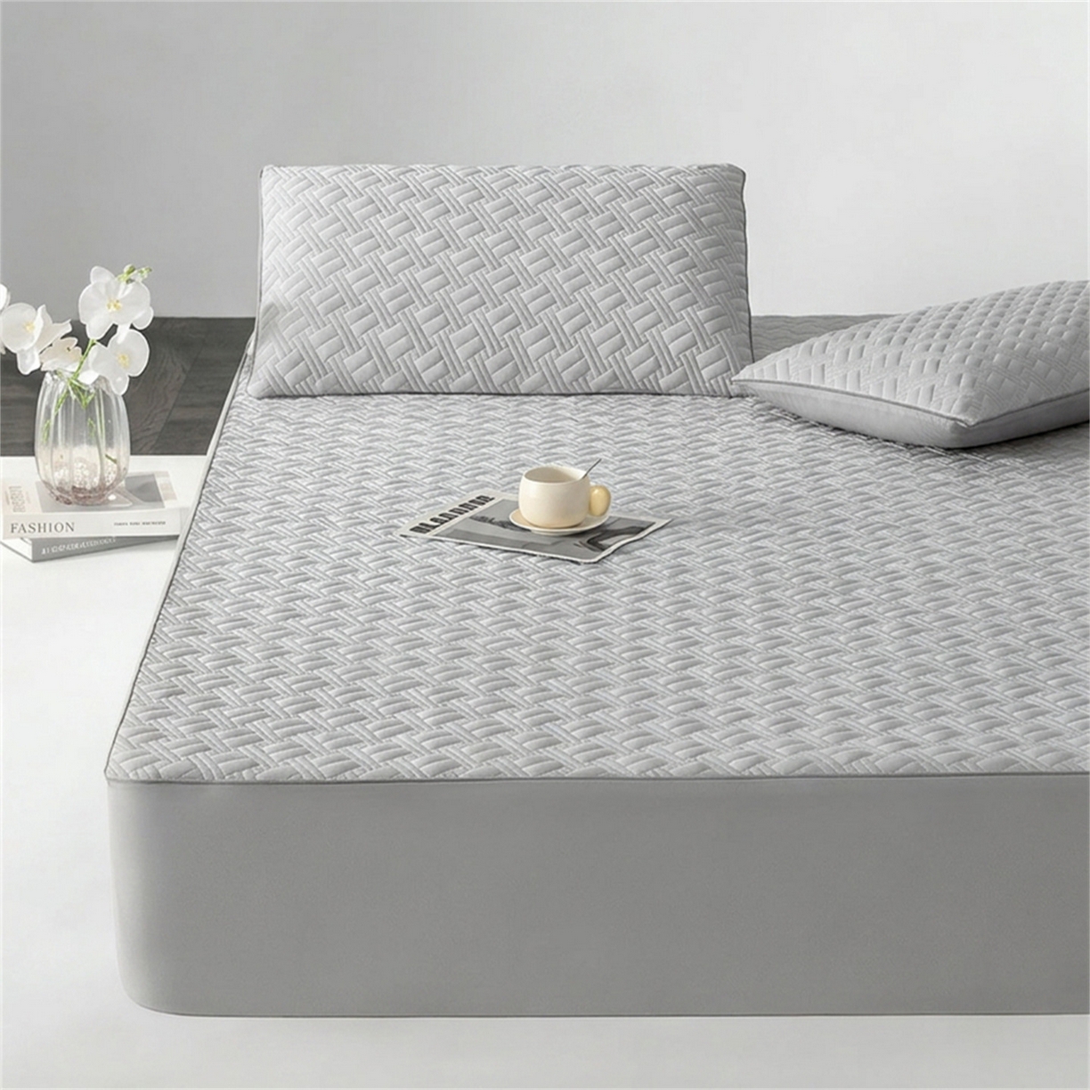 雯豆家纺 2026新款10A抗菌氨纶凉感丝夏季冰皮床笠三件套简约纯色床垫保护套-风格一 时光氨纶凉感丝床笠-浅灰