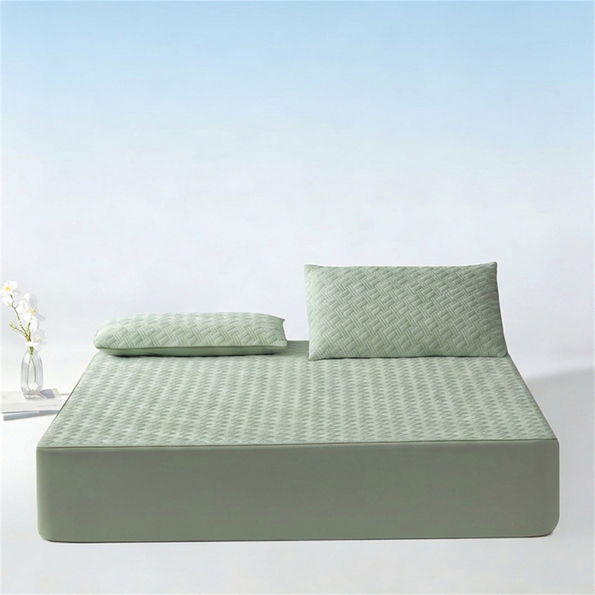 91家纺网 家纺一手货源 找家纺 雯豆家纺 2026新款10A抗菌氨纶凉感丝夏季冰皮床笠三件套简约纯色床垫保护套-风格一 时光氨纶凉感丝床笠-青草绿