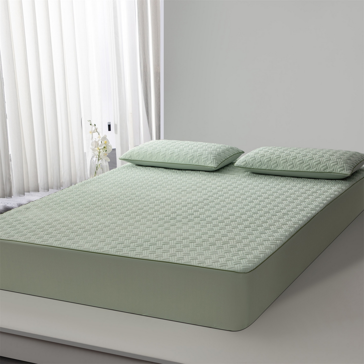 91家纺网 家纺一手货源 找家纺 雯豆家纺 2026新款10A抗菌氨纶凉感丝夏季冰皮床笠三件套简约纯色床垫保护套-风格一 时光氨纶凉感丝床笠-青草绿