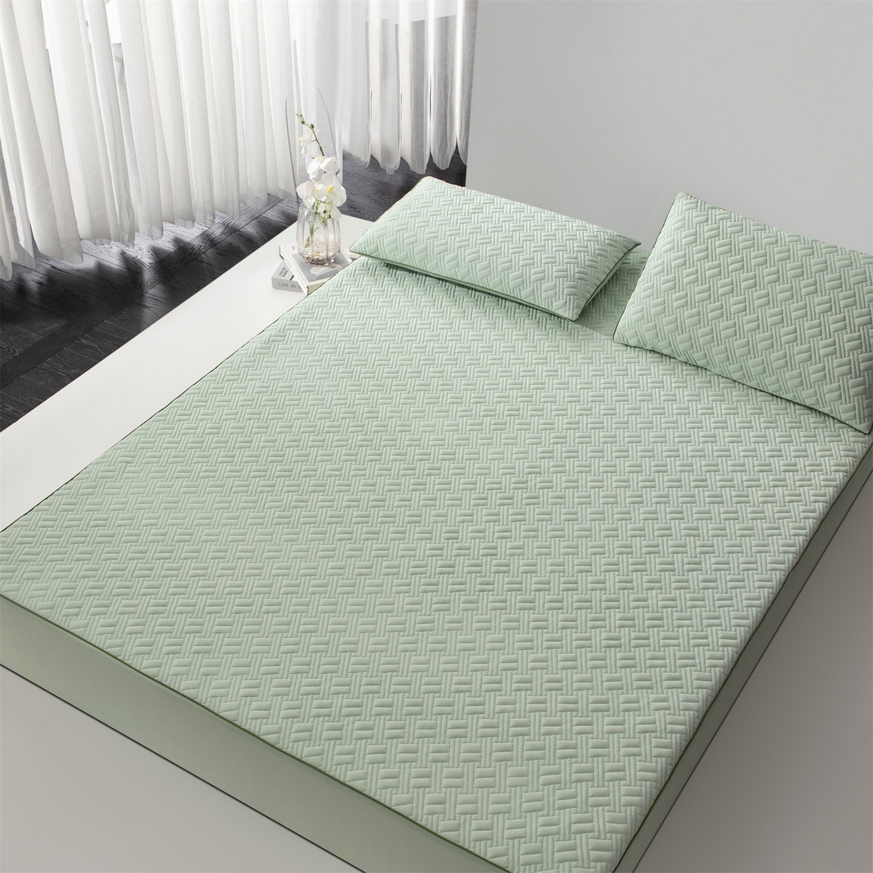 91家纺网 家纺一手货源 找家纺 雯豆家纺 2026新款10A抗菌氨纶凉感丝夏季冰皮床笠三件套简约纯色床垫保护套-风格一 时光氨纶凉感丝床笠-青草绿