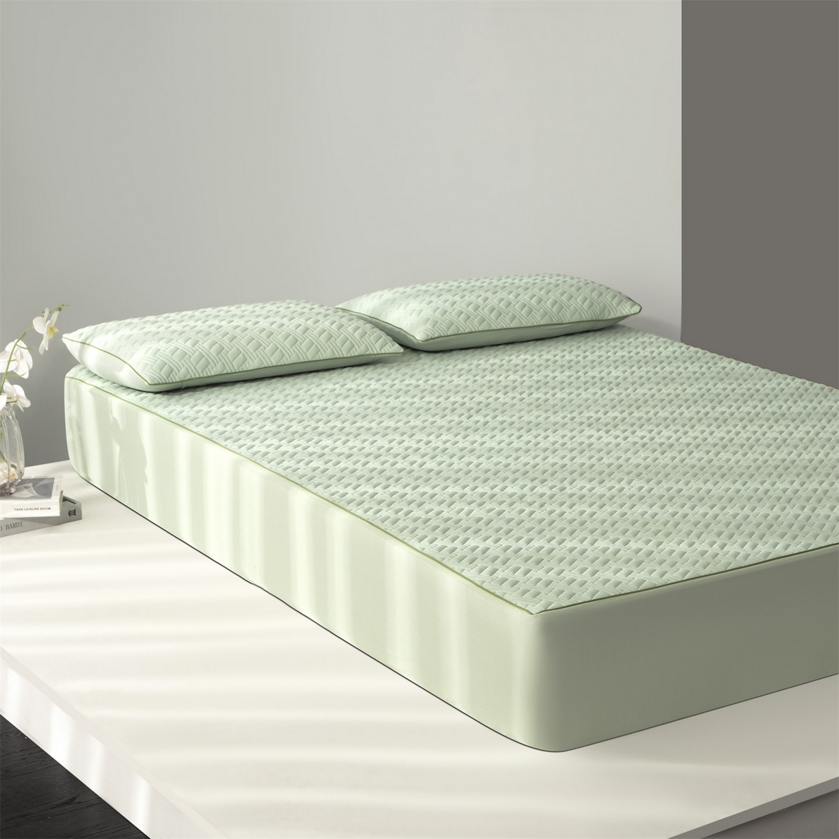 91家纺网 家纺一手货源 找家纺 雯豆家纺 2026新款10A抗菌氨纶凉感丝夏季冰皮床笠三件套简约纯色床垫保护套-风格一 时光氨纶凉感丝床笠-青草绿