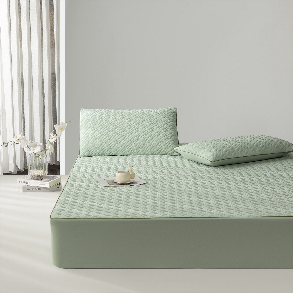 91家纺网 家纺一手货源 找家纺 雯豆家纺 2026新款10A抗菌氨纶凉感丝夏季冰皮床笠三件套简约纯色床垫保护套-风格一 时光氨纶凉感丝床笠-青草绿