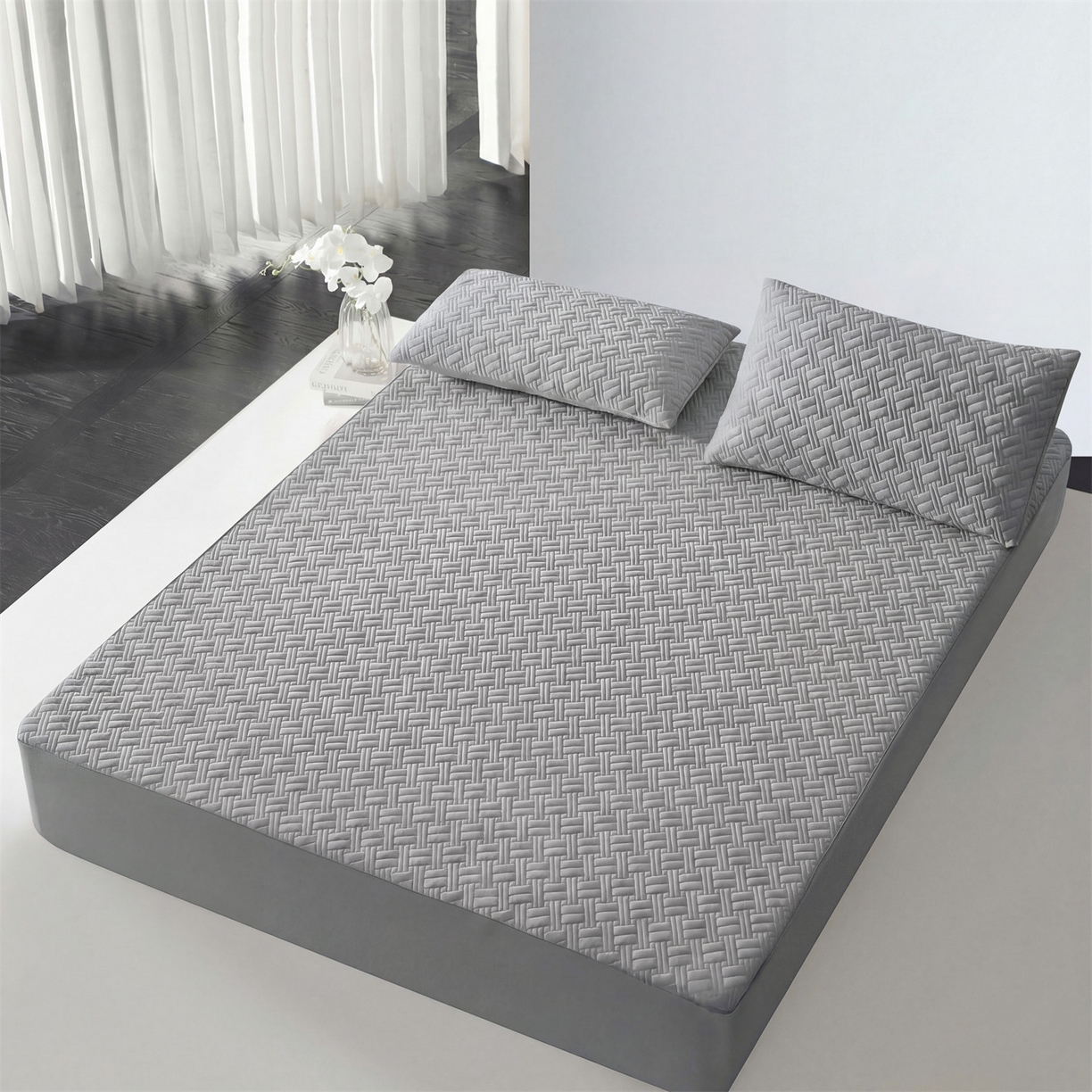 91家纺网 家纺一手货源 找家纺 雯豆家纺 2026新款10A抗菌氨纶凉感丝夏季冰皮床笠三件套简约纯色床垫保护套-风格一 时光氨纶凉感丝床笠-深灰