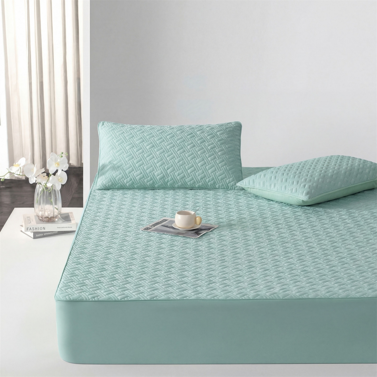 雯豆家纺 2026新款10A抗菌氨纶凉感丝夏季冰皮床笠三件套简约纯色床垫保护套-风格一 时光氨纶凉感丝床笠-水绿