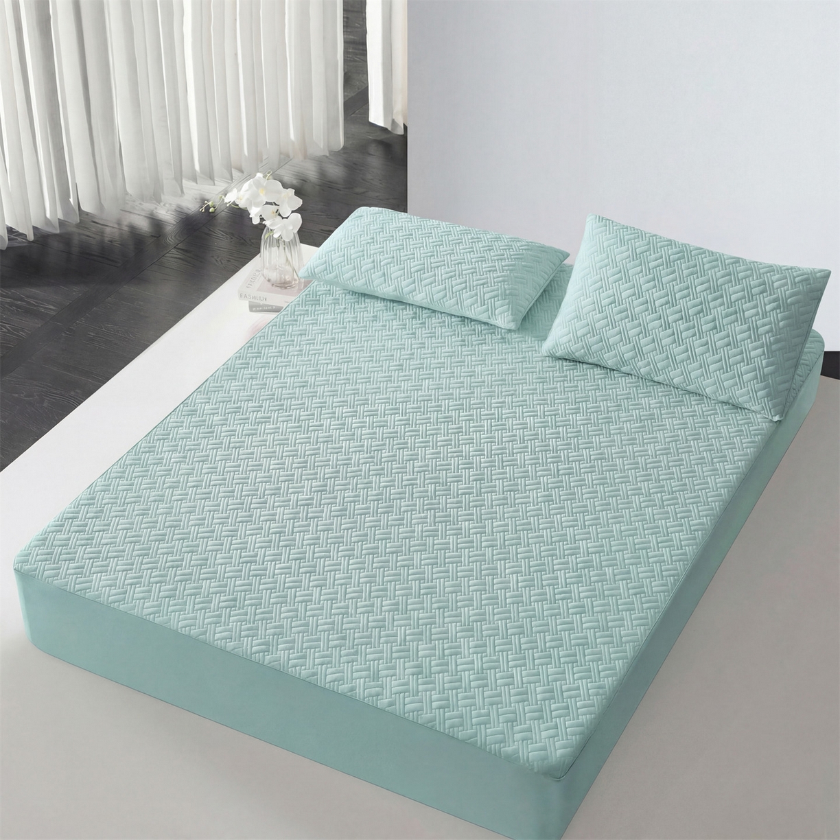 91家纺网 家纺一手货源 找家纺 雯豆家纺 2026新款10A抗菌氨纶凉感丝夏季冰皮床笠三件套简约纯色床垫保护套-风格一 时光氨纶凉感丝床笠-水绿