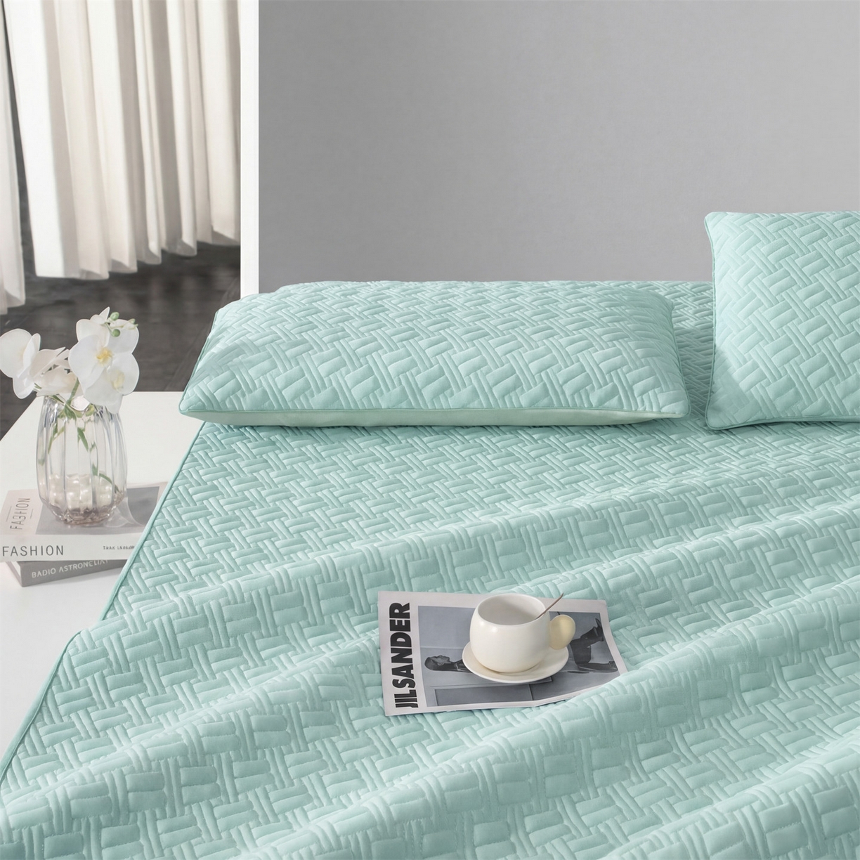 91家纺网 家纺一手货源 找家纺 雯豆家纺 2026新款10A抗菌氨纶凉感丝夏季冰皮床笠三件套简约纯色床垫保护套-风格一 时光氨纶凉感丝床笠-水绿