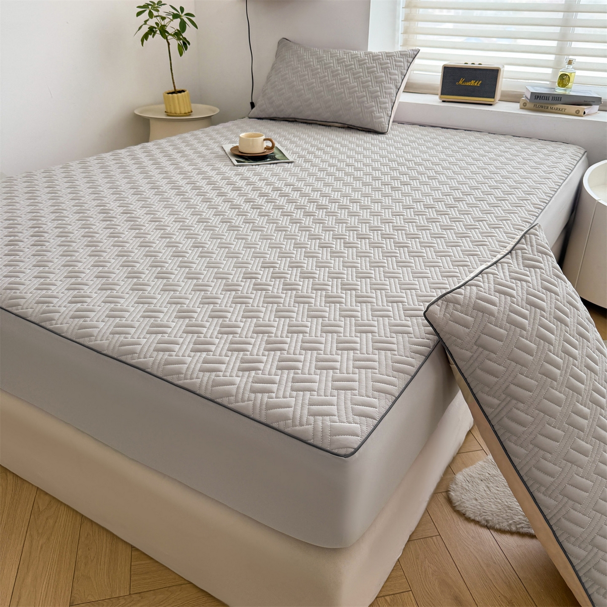 91家纺网 家纺一手货源 找家纺 （总）雯豆家纺 2026新款10A抗菌氨纶凉感丝夏季冰皮床笠三件套简约纯色床垫保护套-风格二