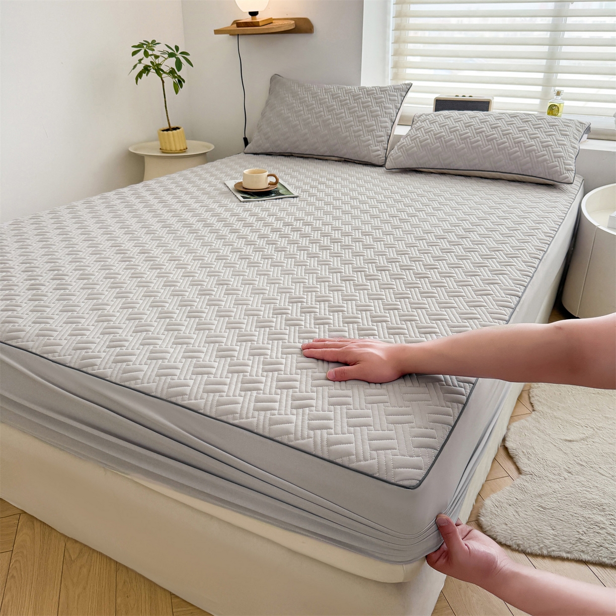 91家纺网 家纺一手货源 找家纺 （总）雯豆家纺 2026新款10A抗菌氨纶凉感丝夏季冰皮床笠三件套简约纯色床垫保护套-风格二