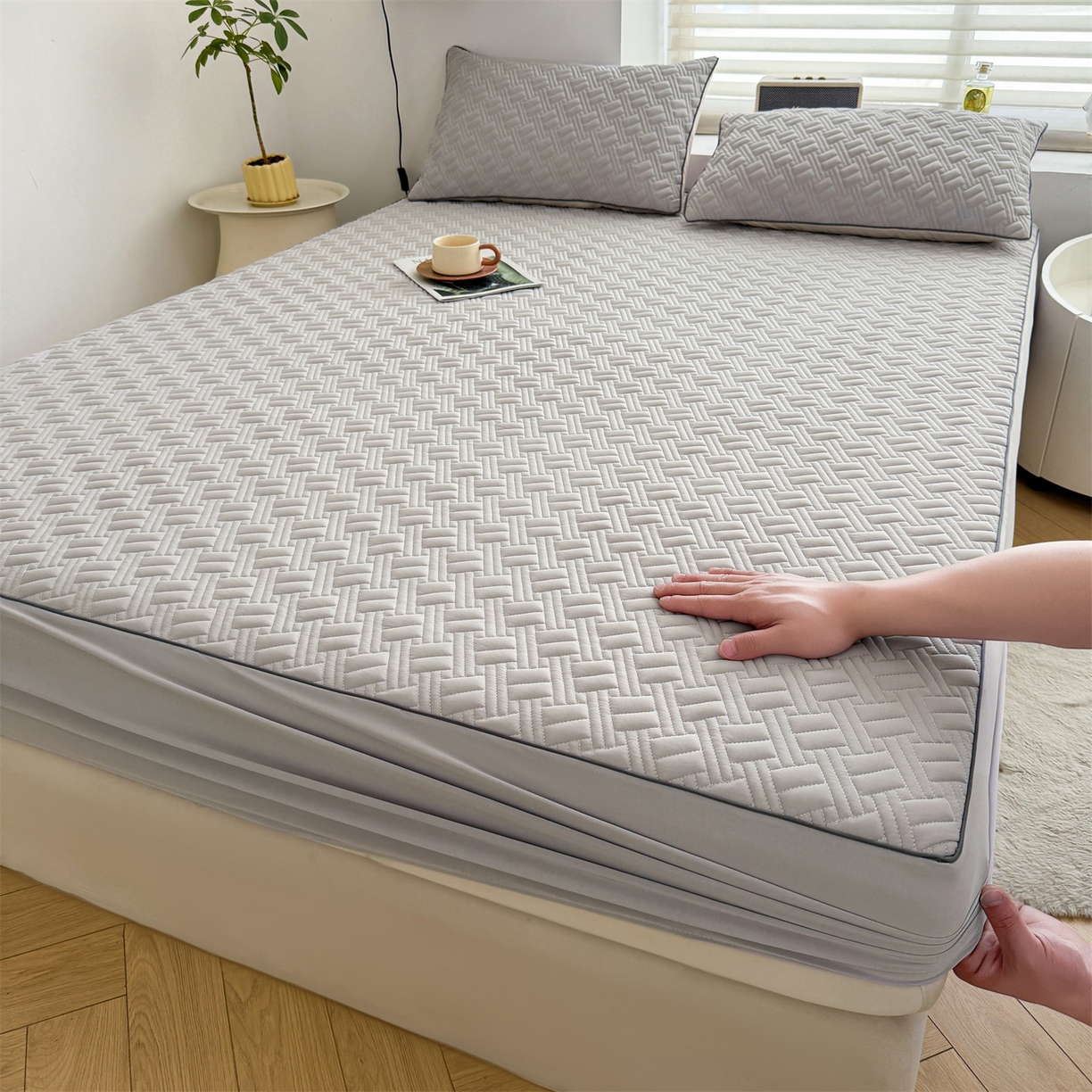 91家纺网 家纺一手货源 找家纺 （总）雯豆家纺 2026新款10A抗菌氨纶凉感丝夏季冰皮床笠三件套简约纯色床垫保护套-风格二