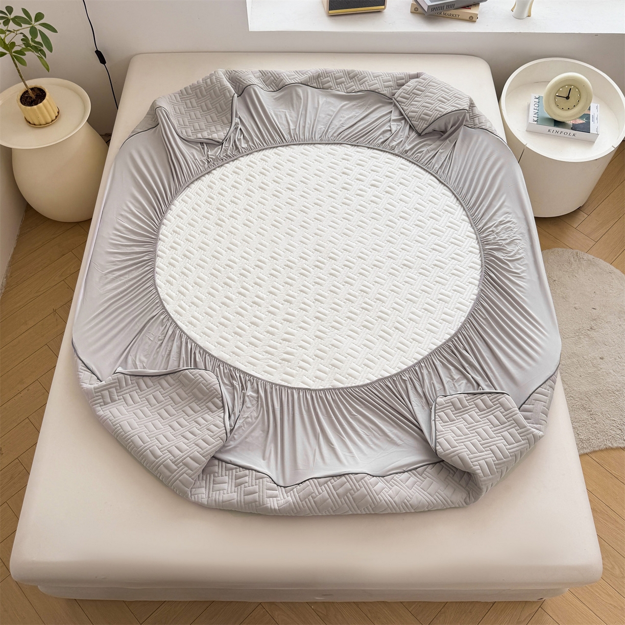 91家纺网 家纺一手货源 找家纺 （总）雯豆家纺 2026新款10A抗菌氨纶凉感丝夏季冰皮床笠三件套简约纯色床垫保护套-风格二