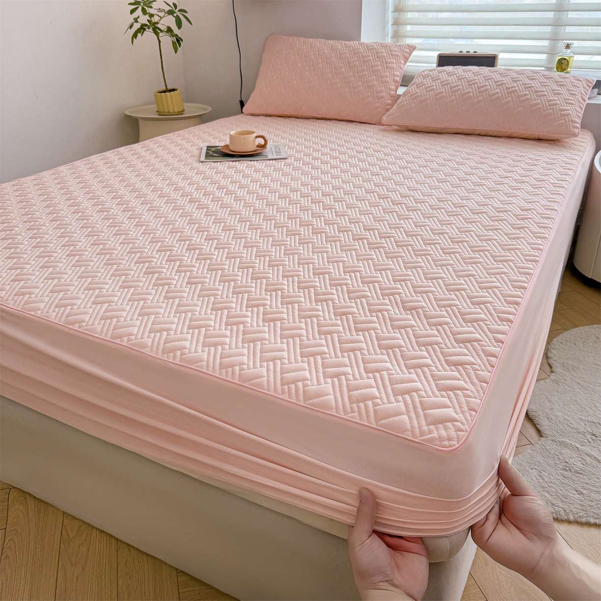 91家纺网 家纺一手货源 找家纺 （总）雯豆家纺 2026新款10A抗菌氨纶凉感丝夏季冰皮床笠三件套简约纯色床垫保护套-风格二