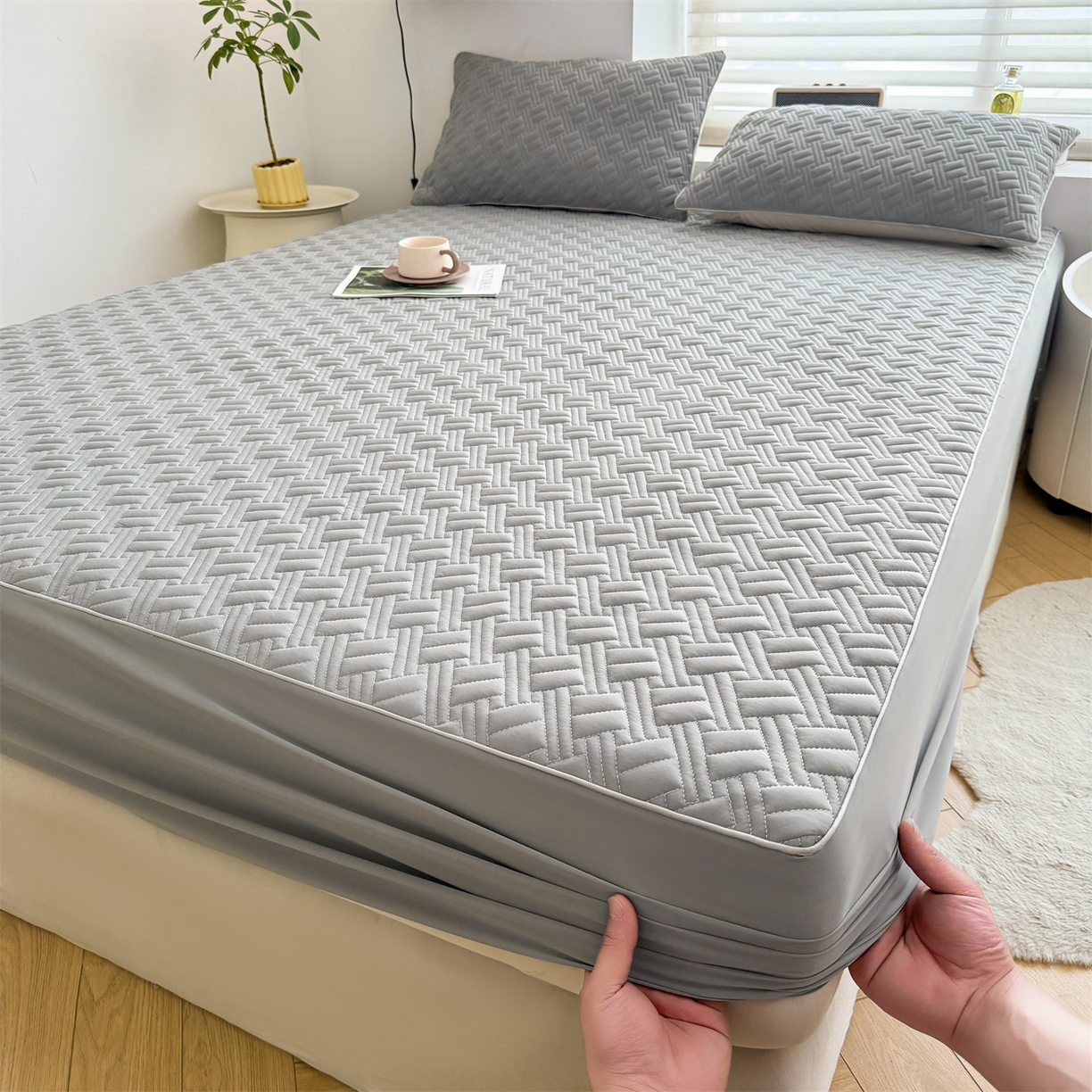 91家纺网 家纺一手货源 找家纺 （总）雯豆家纺 2026新款10A抗菌氨纶凉感丝夏季冰皮床笠三件套简约纯色床垫保护套-风格二