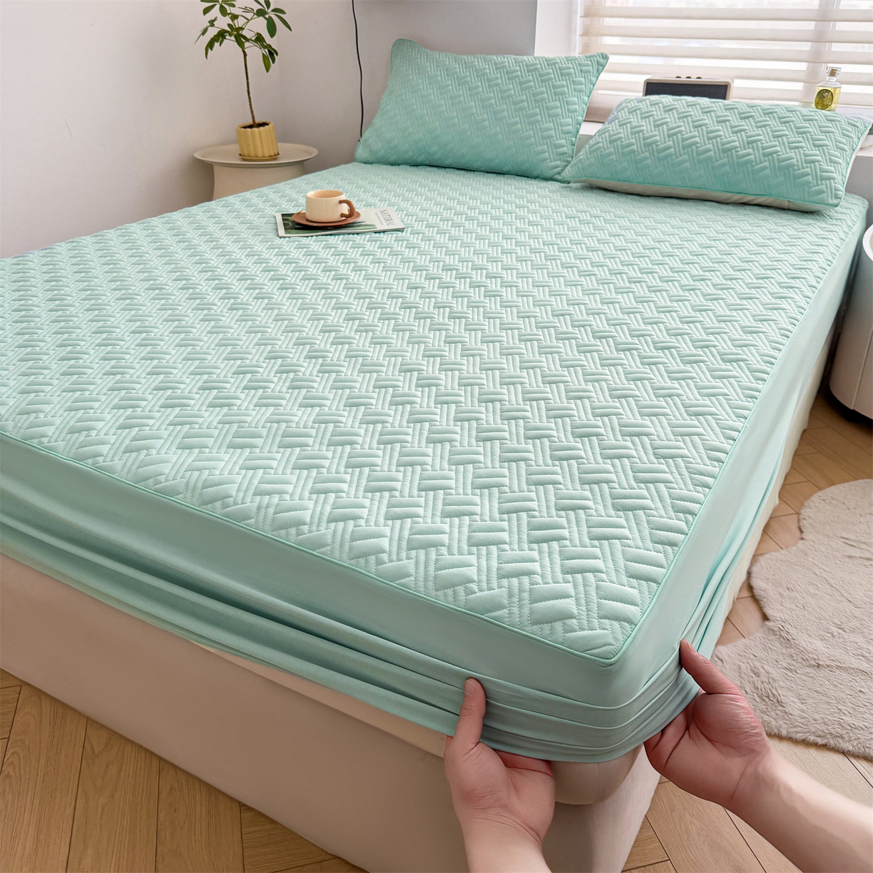 91家纺网 家纺一手货源 找家纺 （总）雯豆家纺 2026新款10A抗菌氨纶凉感丝夏季冰皮床笠三件套简约纯色床垫保护套-风格二