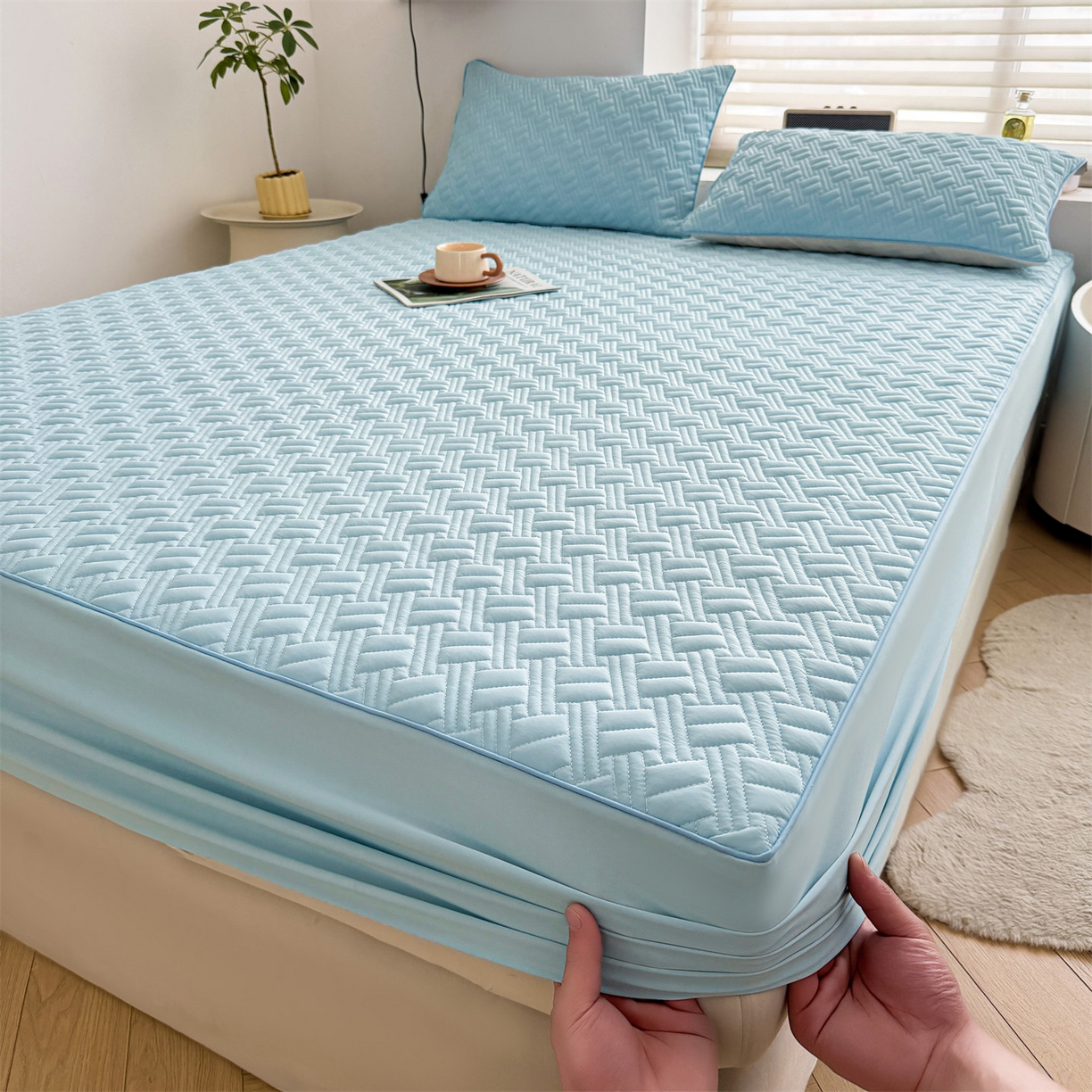 雯豆家纺 2026新款10A抗菌氨纶凉感丝夏季冰皮床笠三件套简约纯色床垫保护套-风格二 时光氨纶凉感丝床笠-水蓝