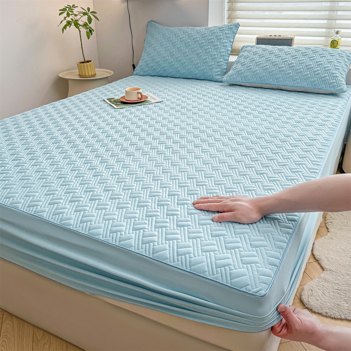 91家纺网 家纺一手货源 找家纺 雯豆家纺 2026新款10A抗菌氨纶凉感丝夏季冰皮床笠三件套简约纯色床垫保护套-风格二 时光氨纶凉感丝床笠-水蓝