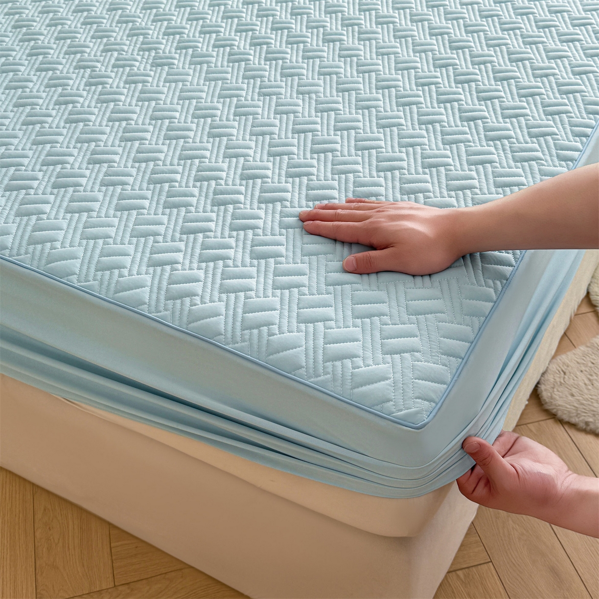 91家纺网 家纺一手货源 找家纺 雯豆家纺 2026新款10A抗菌氨纶凉感丝夏季冰皮床笠三件套简约纯色床垫保护套-风格二 时光氨纶凉感丝床笠-水蓝