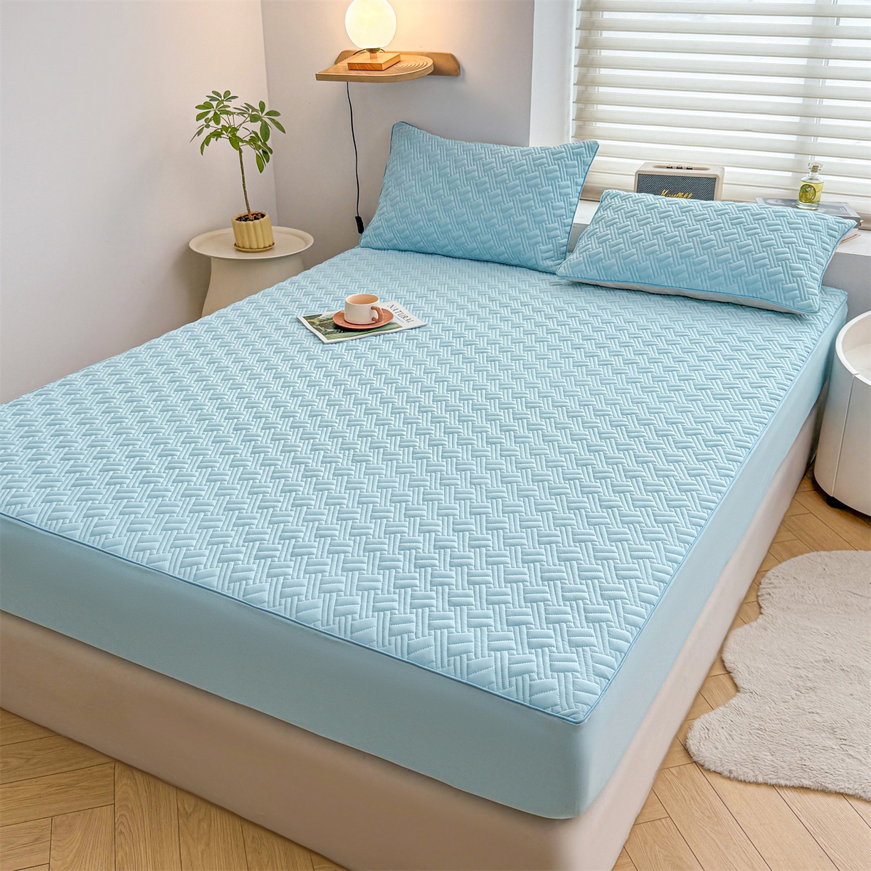 91家纺网 家纺一手货源 找家纺 雯豆家纺 2026新款10A抗菌氨纶凉感丝夏季冰皮床笠三件套简约纯色床垫保护套-风格二 时光氨纶凉感丝床笠-水蓝