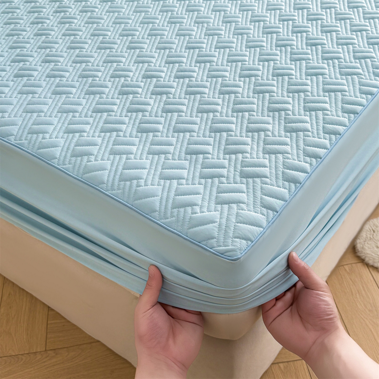 91家纺网 家纺一手货源 找家纺 雯豆家纺 2026新款10A抗菌氨纶凉感丝夏季冰皮床笠三件套简约纯色床垫保护套-风格二 时光氨纶凉感丝床笠-水蓝