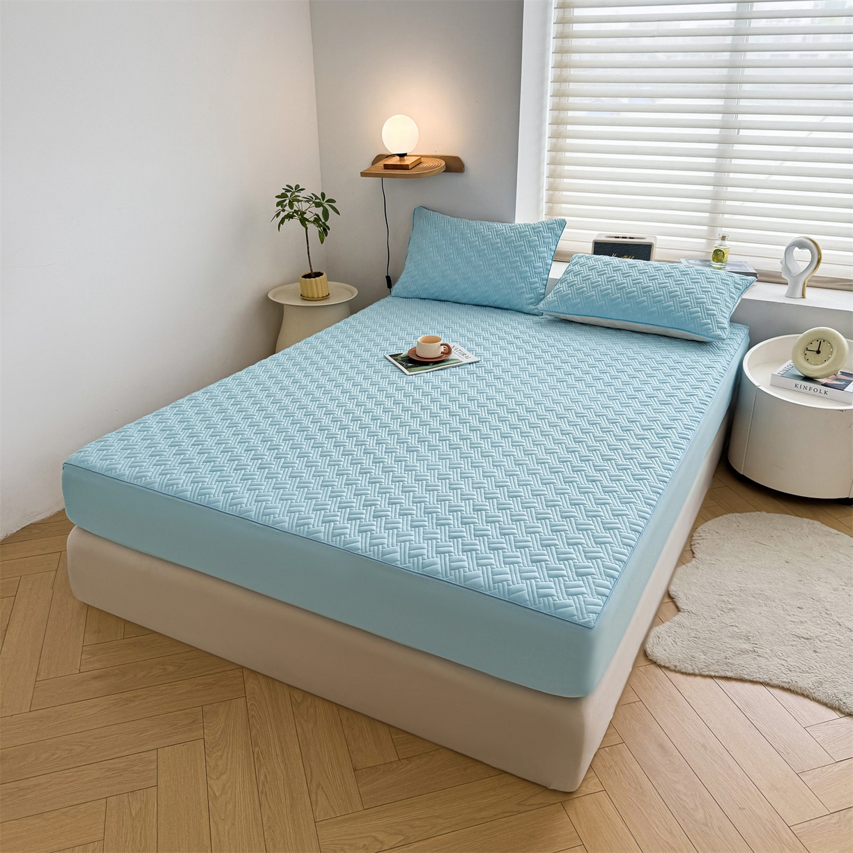 91家纺网 家纺一手货源 找家纺 雯豆家纺 2026新款10A抗菌氨纶凉感丝夏季冰皮床笠三件套简约纯色床垫保护套-风格二 时光氨纶凉感丝床笠-水蓝