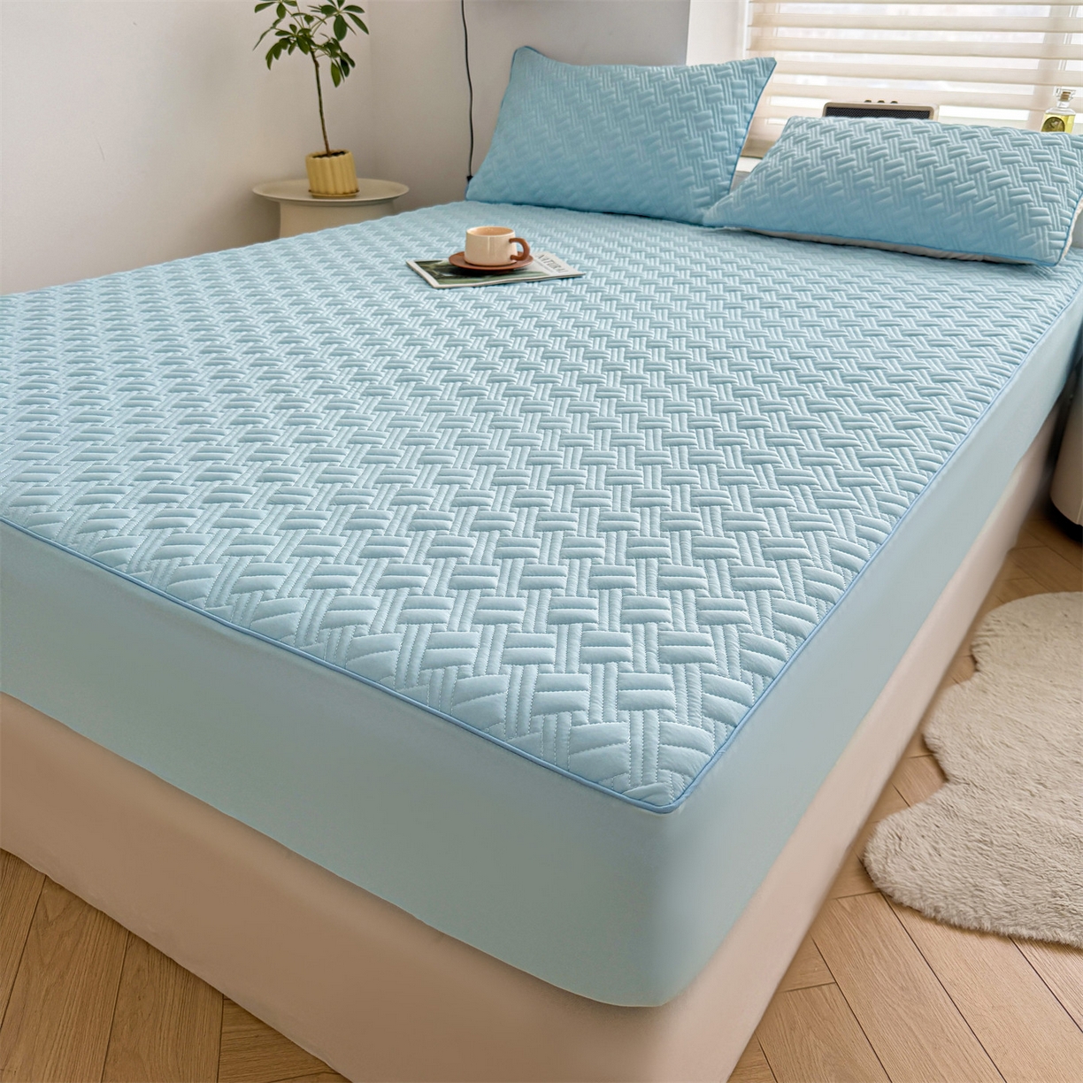 91家纺网 家纺一手货源 找家纺 雯豆家纺 2026新款10A抗菌氨纶凉感丝夏季冰皮床笠三件套简约纯色床垫保护套-风格二 时光氨纶凉感丝床笠-水蓝