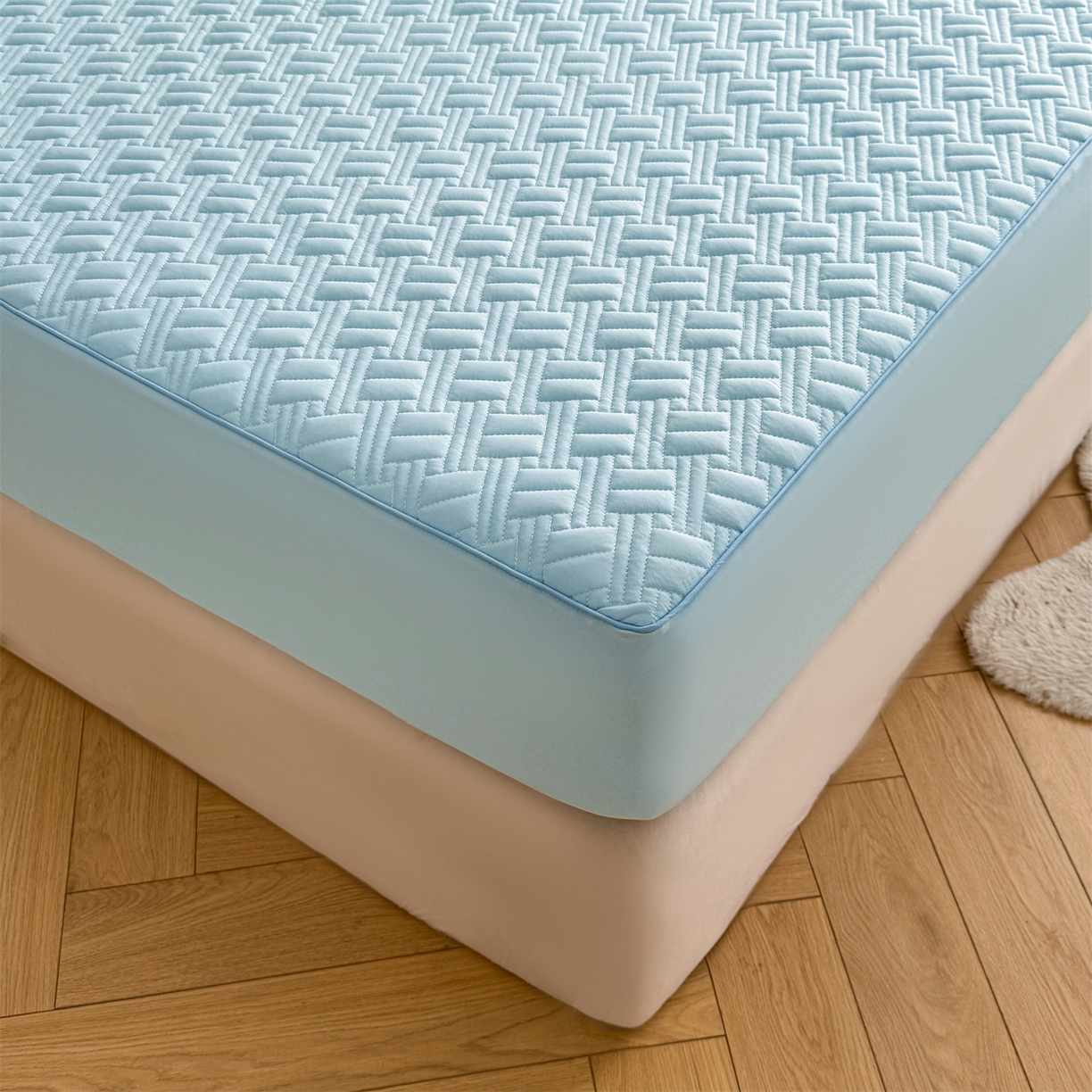 91家纺网 家纺一手货源 找家纺 雯豆家纺 2026新款10A抗菌氨纶凉感丝夏季冰皮床笠三件套简约纯色床垫保护套-风格二 时光氨纶凉感丝床笠-水蓝