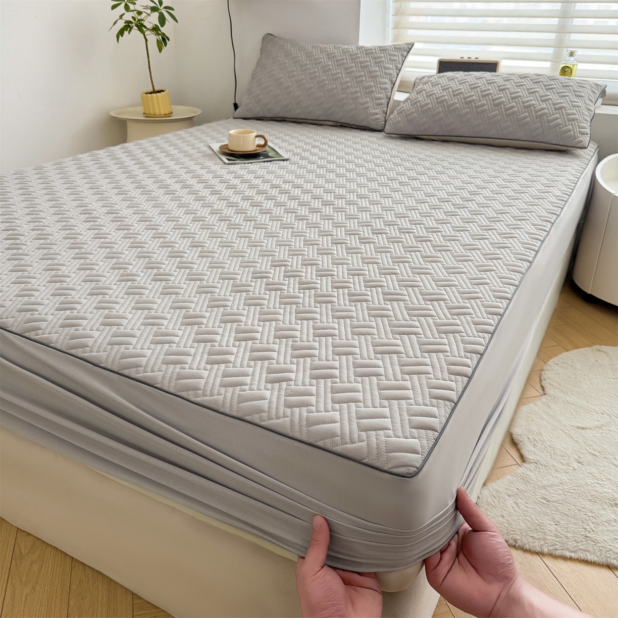 雯豆家纺 2026新款10A抗菌氨纶凉感丝夏季冰皮床笠三件套简约纯色床垫保护套-风格二 时光氨纶凉感丝床笠-浅灰