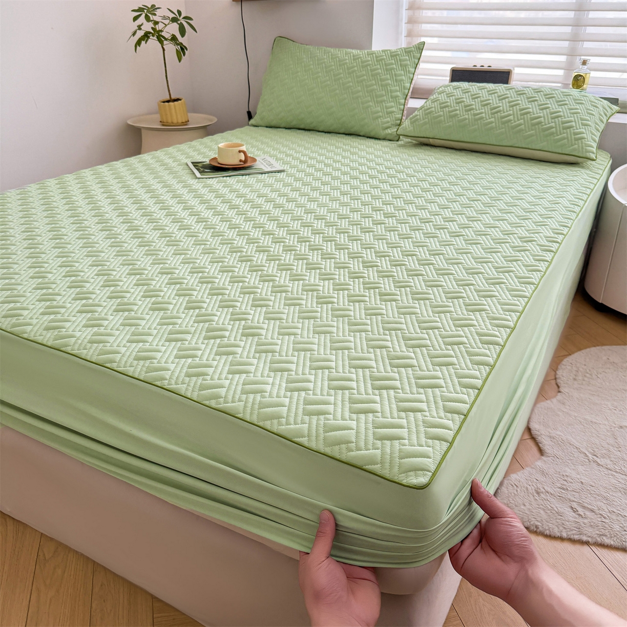 雯豆家纺 2026新款10A抗菌氨纶凉感丝夏季冰皮床笠三件套简约纯色床垫保护套-风格二 时光氨纶凉感丝床笠-青草绿
