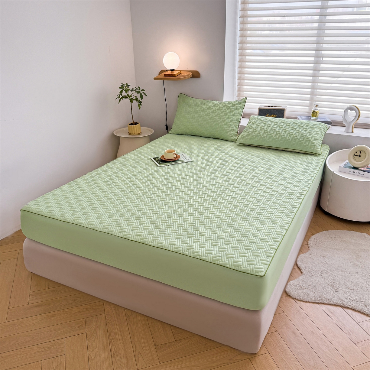 91家纺网 家纺一手货源 找家纺 雯豆家纺 2026新款10A抗菌氨纶凉感丝夏季冰皮床笠三件套简约纯色床垫保护套-风格二 时光氨纶凉感丝床笠-青草绿