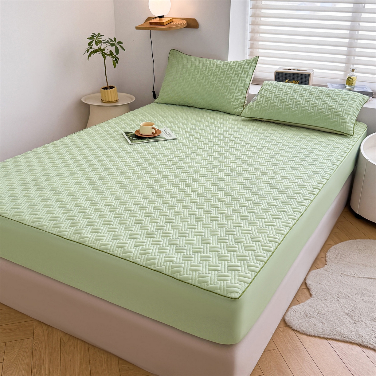 91家纺网 家纺一手货源 找家纺 雯豆家纺 2026新款10A抗菌氨纶凉感丝夏季冰皮床笠三件套简约纯色床垫保护套-风格二 时光氨纶凉感丝床笠-青草绿