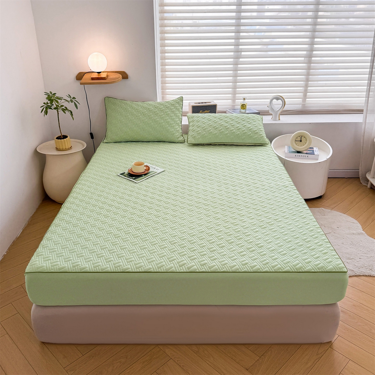 91家纺网 家纺一手货源 找家纺 雯豆家纺 2026新款10A抗菌氨纶凉感丝夏季冰皮床笠三件套简约纯色床垫保护套-风格二 时光氨纶凉感丝床笠-青草绿