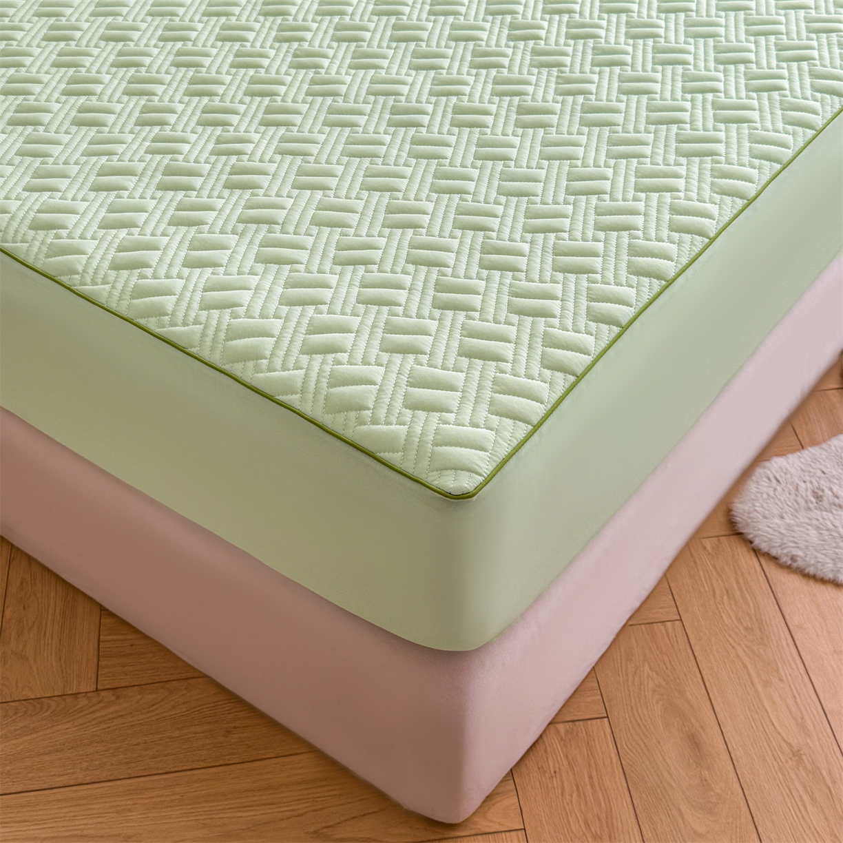 91家纺网 家纺一手货源 找家纺 雯豆家纺 2026新款10A抗菌氨纶凉感丝夏季冰皮床笠三件套简约纯色床垫保护套-风格二 时光氨纶凉感丝床笠-青草绿