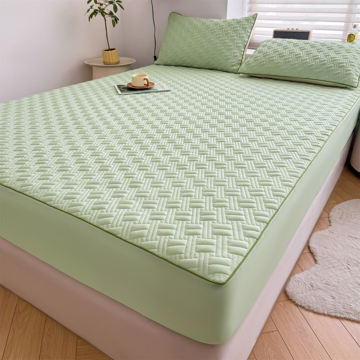 91家纺网 家纺一手货源 找家纺 雯豆家纺 2026新款10A抗菌氨纶凉感丝夏季冰皮床笠三件套简约纯色床垫保护套-风格二 时光氨纶凉感丝床笠-青草绿