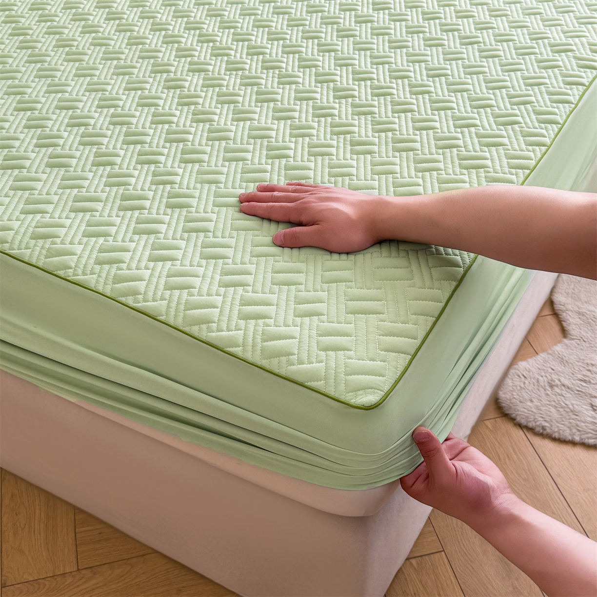 91家纺网 家纺一手货源 找家纺 雯豆家纺 2026新款10A抗菌氨纶凉感丝夏季冰皮床笠三件套简约纯色床垫保护套-风格二 时光氨纶凉感丝床笠-青草绿