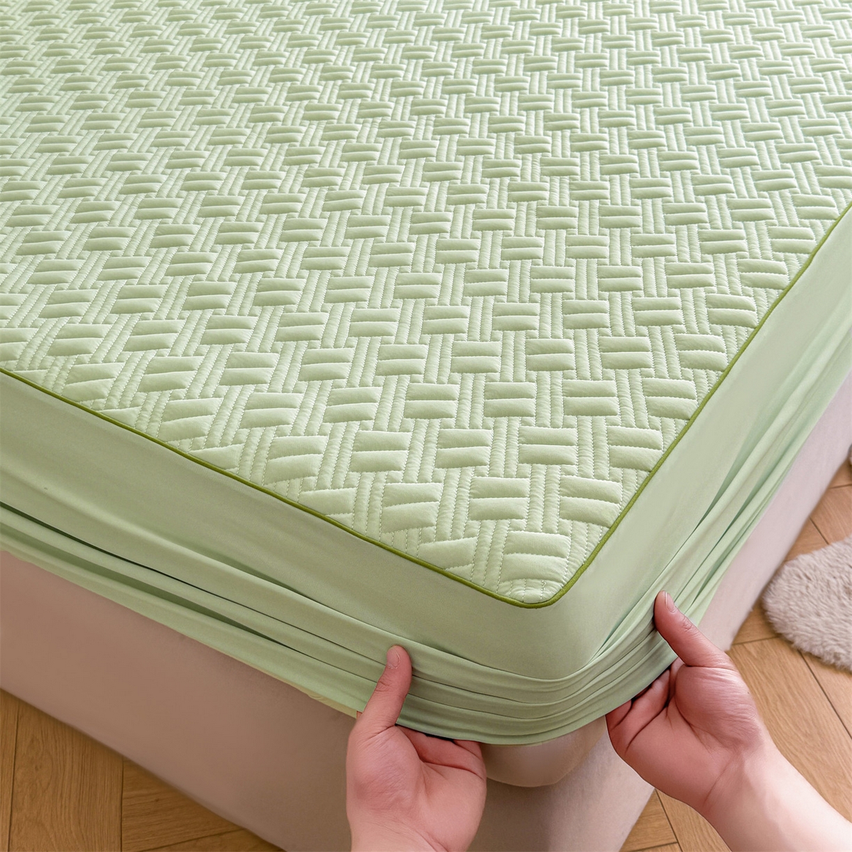 91家纺网 家纺一手货源 找家纺 雯豆家纺 2026新款10A抗菌氨纶凉感丝夏季冰皮床笠三件套简约纯色床垫保护套-风格二 时光氨纶凉感丝床笠-青草绿