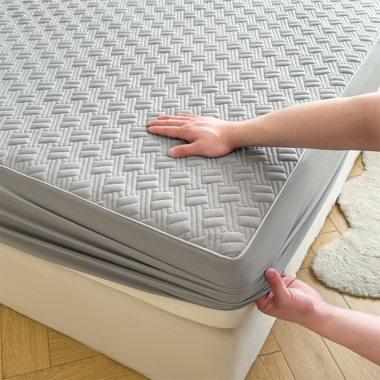 91家纺网 家纺一手货源 找家纺 雯豆家纺 2026新款10A抗菌氨纶凉感丝夏季冰皮床笠三件套简约纯色床垫保护套-风格二 时光氨纶凉感丝床笠-深灰