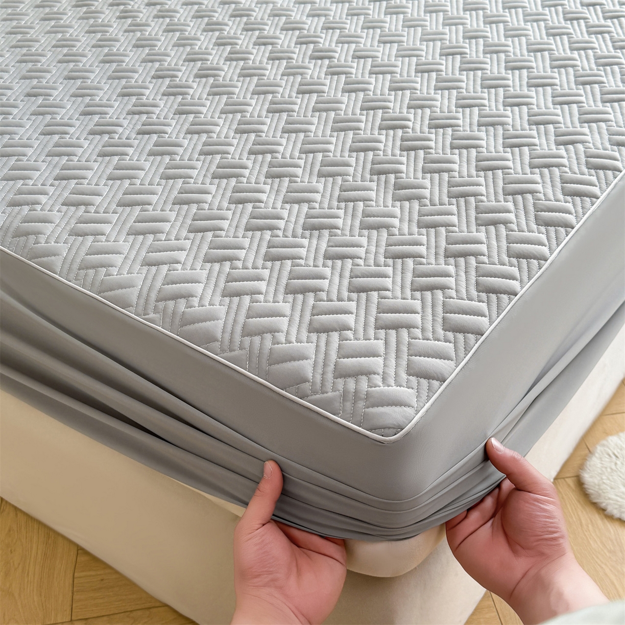 91家纺网 家纺一手货源 找家纺 雯豆家纺 2026新款10A抗菌氨纶凉感丝夏季冰皮床笠三件套简约纯色床垫保护套-风格二 时光氨纶凉感丝床笠-深灰