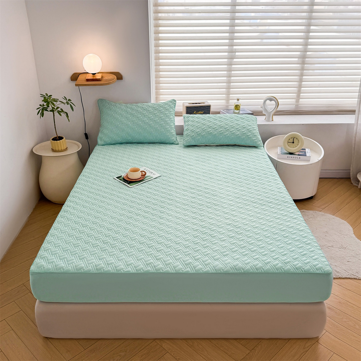 91家纺网 家纺一手货源 找家纺 雯豆家纺 2026新款10A抗菌氨纶凉感丝夏季冰皮床笠三件套简约纯色床垫保护套-风格二 时光氨纶凉感丝床笠-水绿