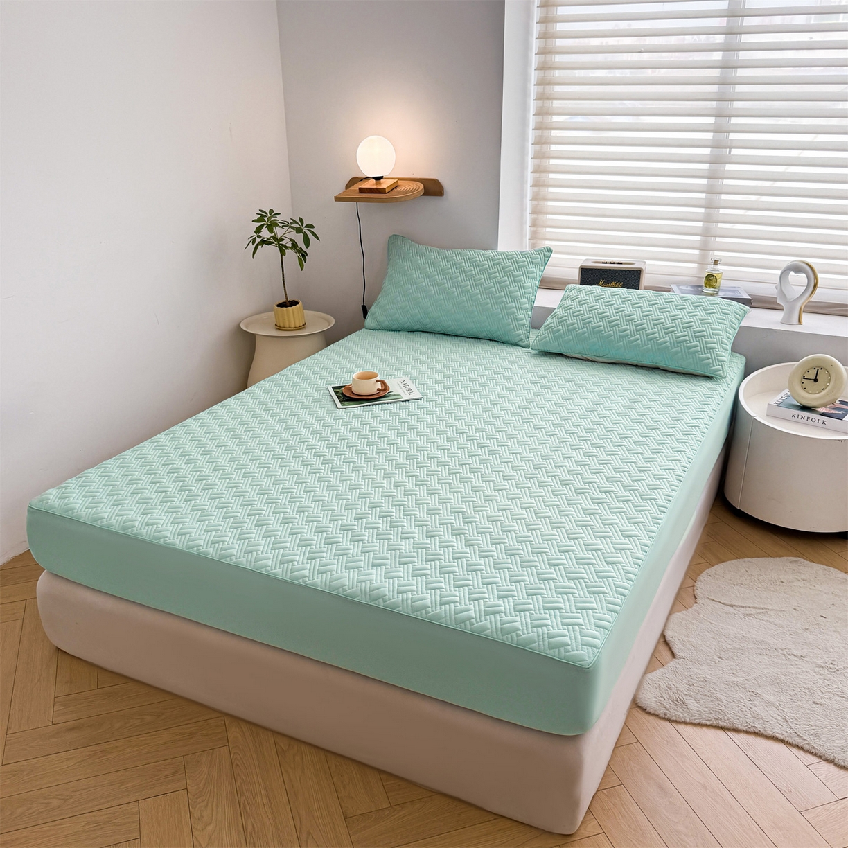 91家纺网 家纺一手货源 找家纺 雯豆家纺 2026新款10A抗菌氨纶凉感丝夏季冰皮床笠三件套简约纯色床垫保护套-风格二 时光氨纶凉感丝床笠-水绿