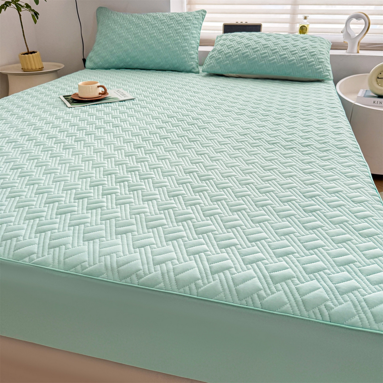 91家纺网 家纺一手货源 找家纺 雯豆家纺 2026新款10A抗菌氨纶凉感丝夏季冰皮床笠三件套简约纯色床垫保护套-风格二 时光氨纶凉感丝床笠-水绿