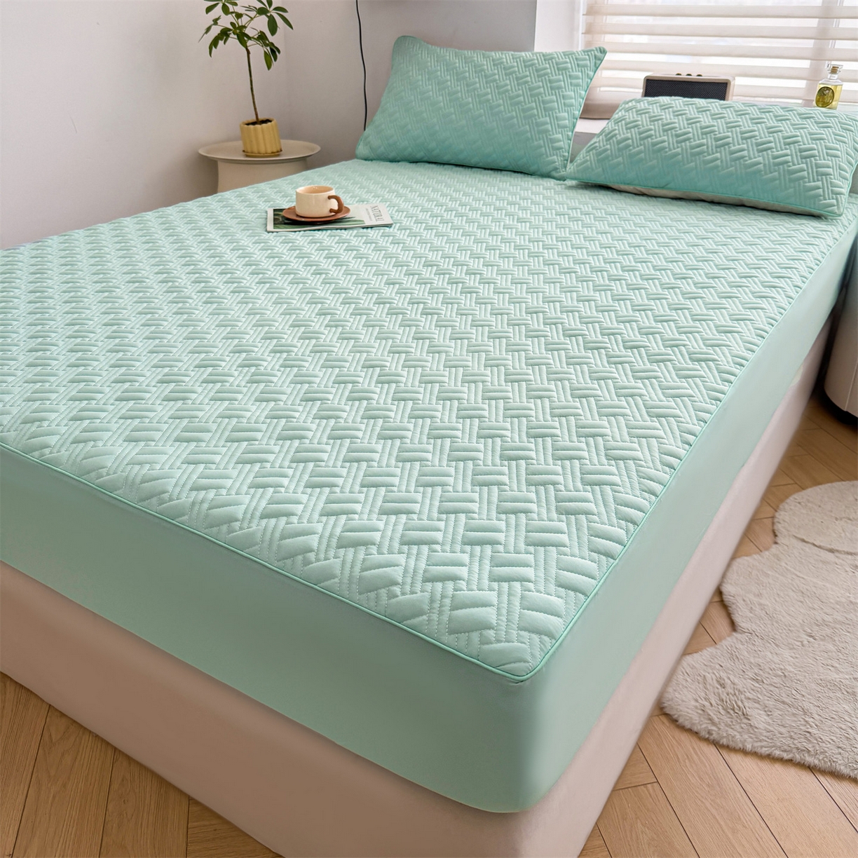 91家纺网 家纺一手货源 找家纺 雯豆家纺 2026新款10A抗菌氨纶凉感丝夏季冰皮床笠三件套简约纯色床垫保护套-风格二 时光氨纶凉感丝床笠-水绿